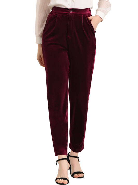 Women's Velvet Elegant High Waist Trousers with Pockets Work Ankle Pants