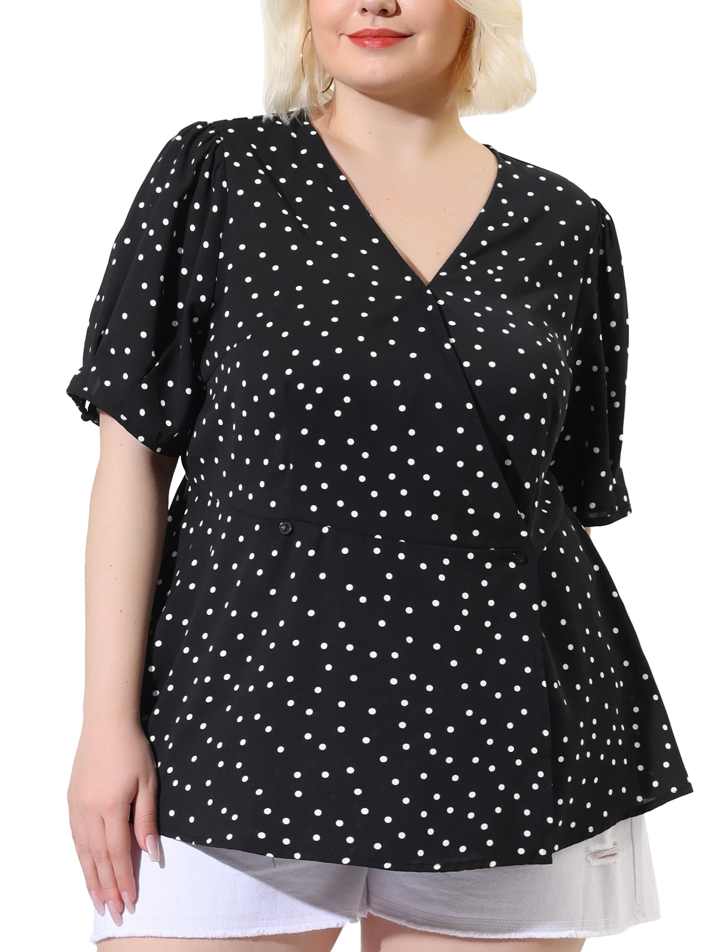 Women Plus Size Summer V Neck Wrap Short Sleeve Polka Dots Peplum Top