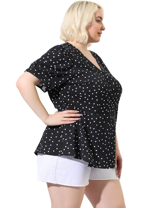 Women Plus Size Summer V Neck Wrap Short Sleeve Polka Dots Peplum Top