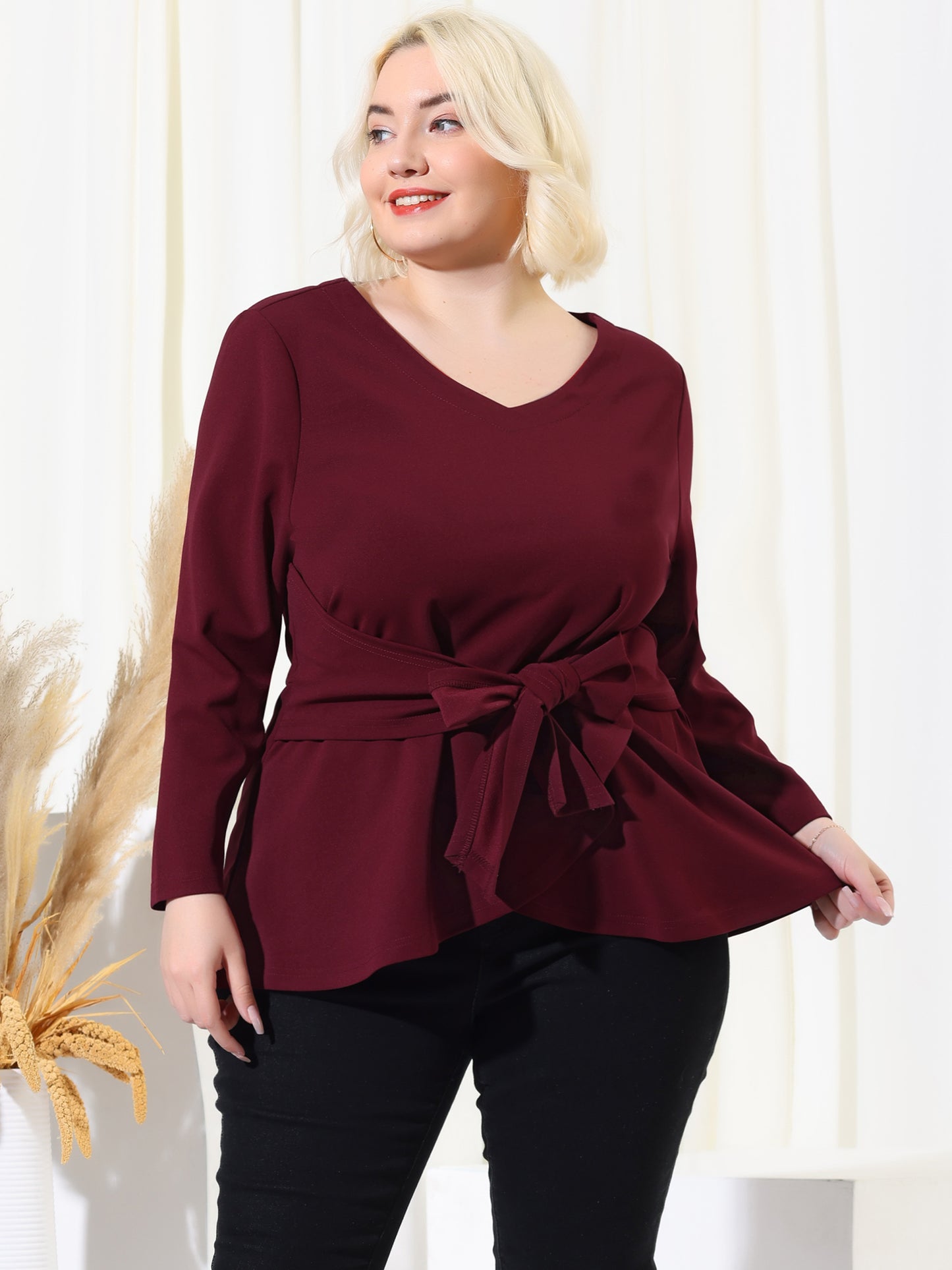 Women's Plus Size Long Sleeve V Neck Knit Belted Knot Tie Work Blouse