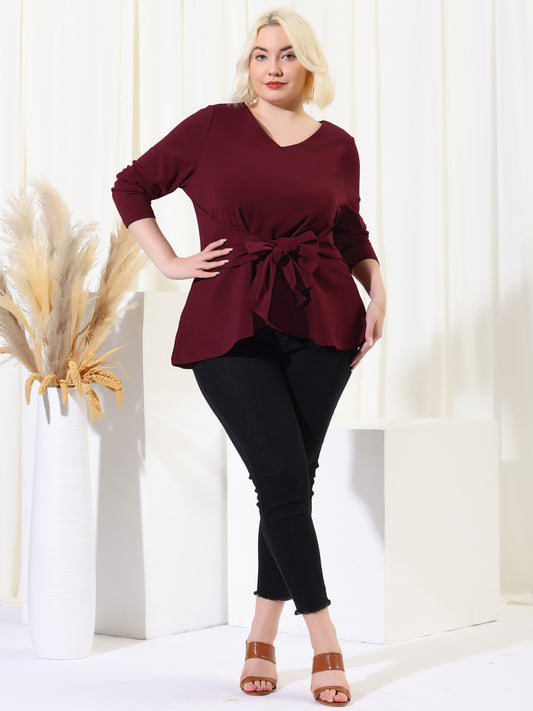 Women's Plus Size Long Sleeve V Neck Knit Belted Knot Tie Work Blouse