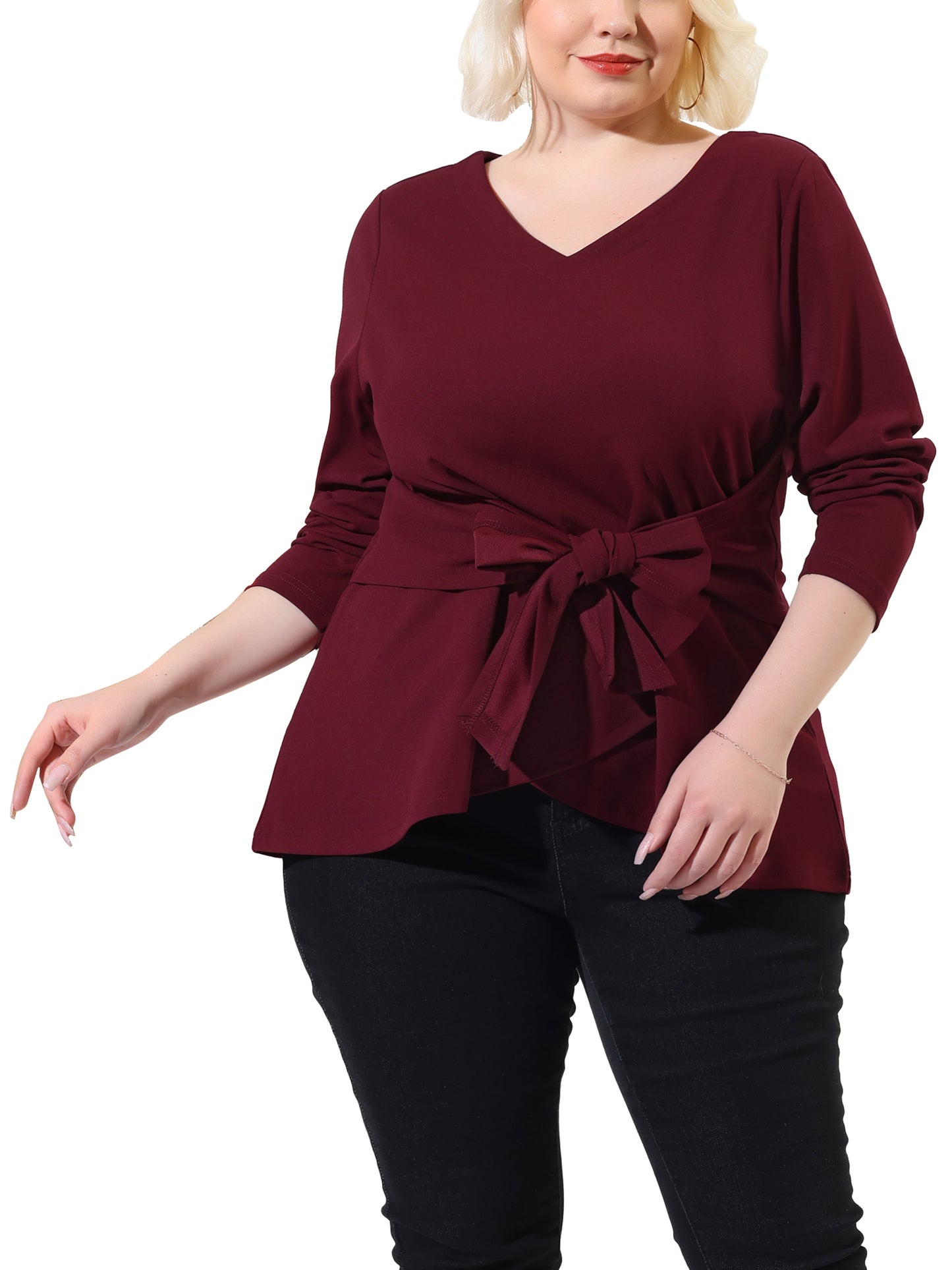 Women's Plus Size Long Sleeve V Neck Knit Belted Knot Tie Work Blouse