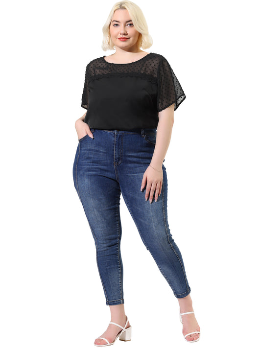 Women's Plus Size Round Neck Short Sleeves Polka Dots Lace Panel Summer Blouse