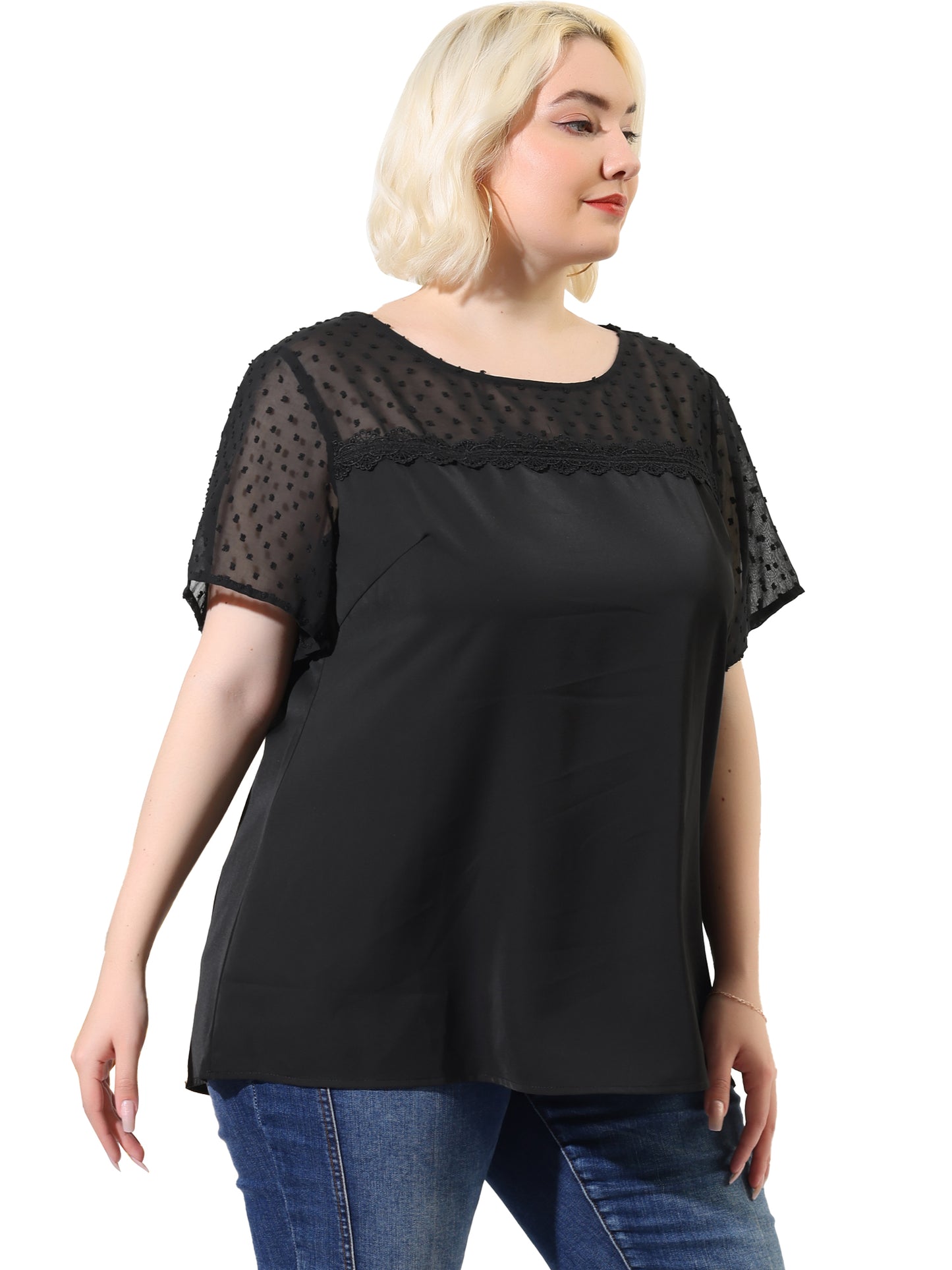 Women's Plus Size Round Neck Short Sleeves Polka Dots Lace Panel Summer Blouse