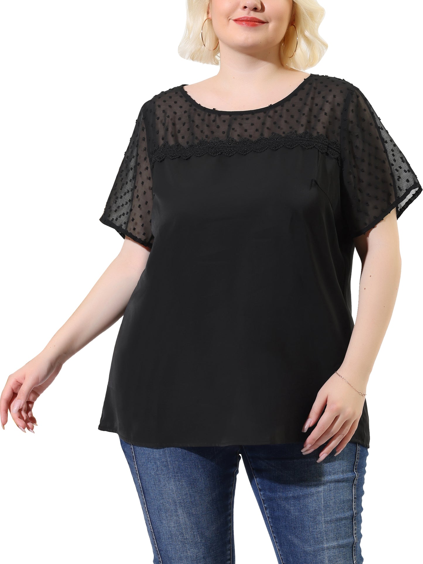 Women's Plus Size Round Neck Short Sleeves Polka Dots Lace Panel Summer Blouse