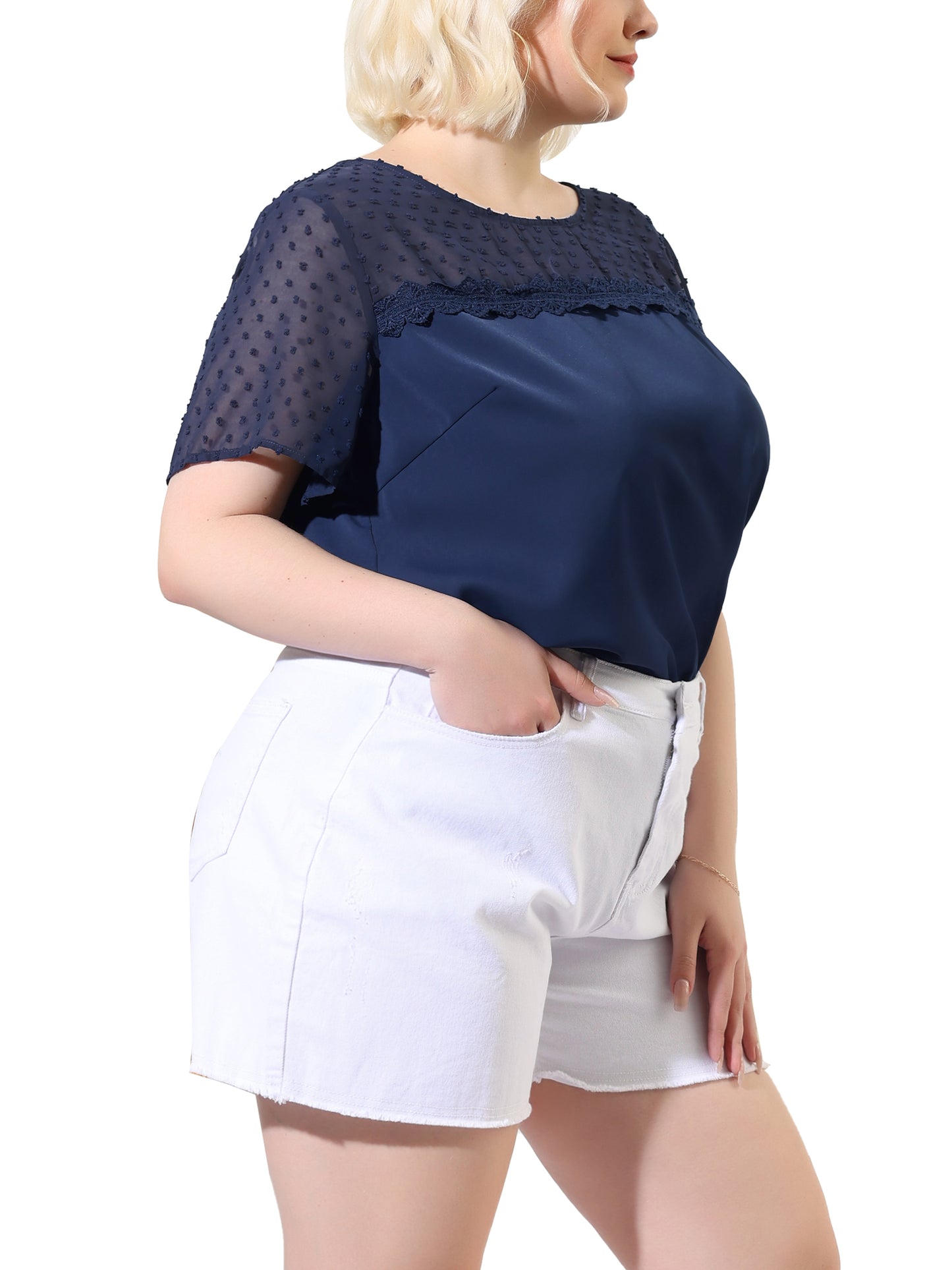 Women's Plus Size Round Neck Short Sleeves Polka Dots Lace Panel Summer Blouse