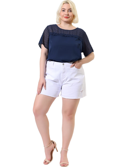 Women's Plus Size Round Neck Short Sleeves Polka Dots Lace Panel Summer Blouse
