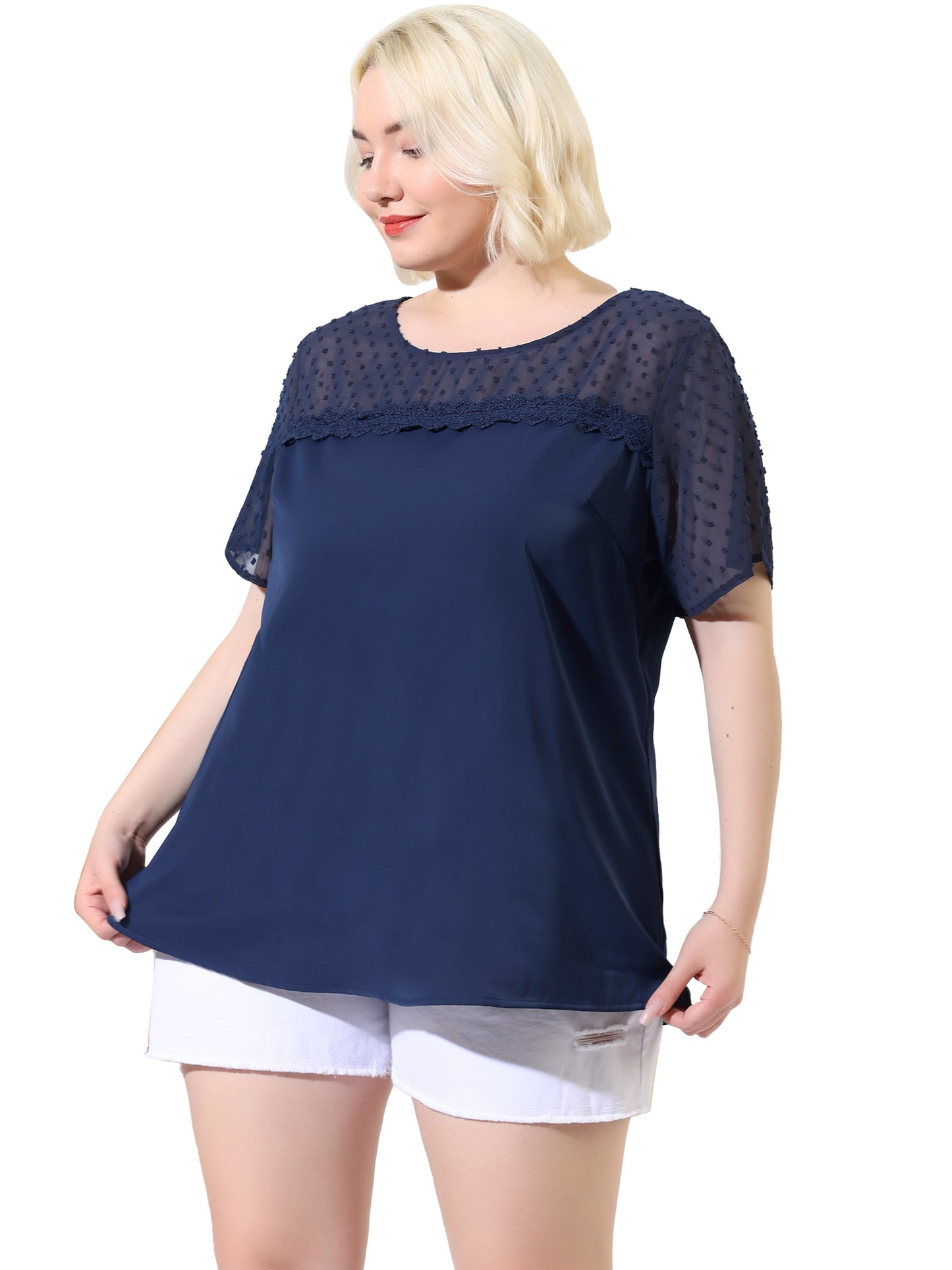 Women's Plus Size Round Neck Short Sleeves Polka Dots Lace Panel Summer Blouse
