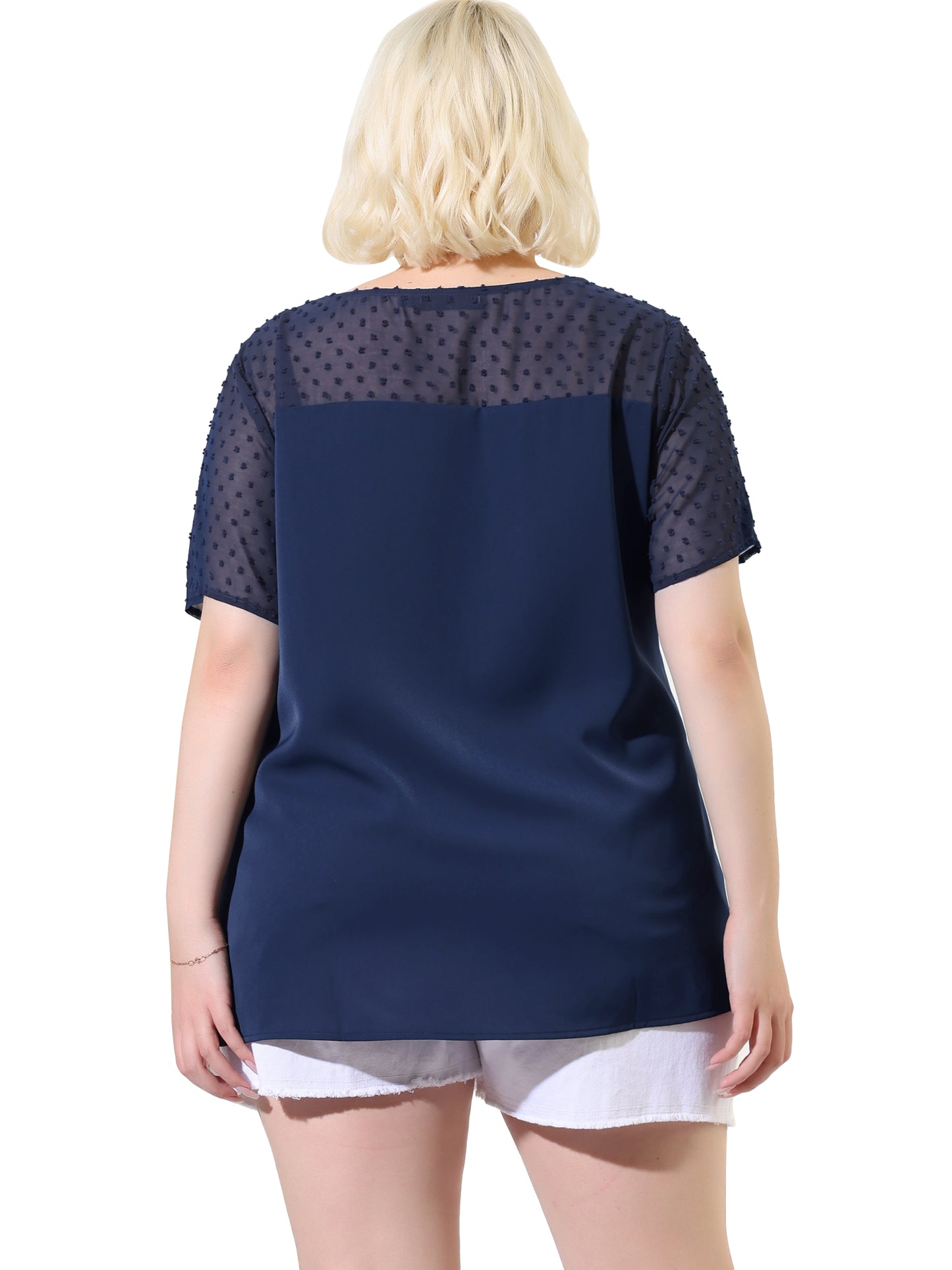 Women's Plus Size Round Neck Short Sleeves Polka Dots Lace Panel Summer Blouse