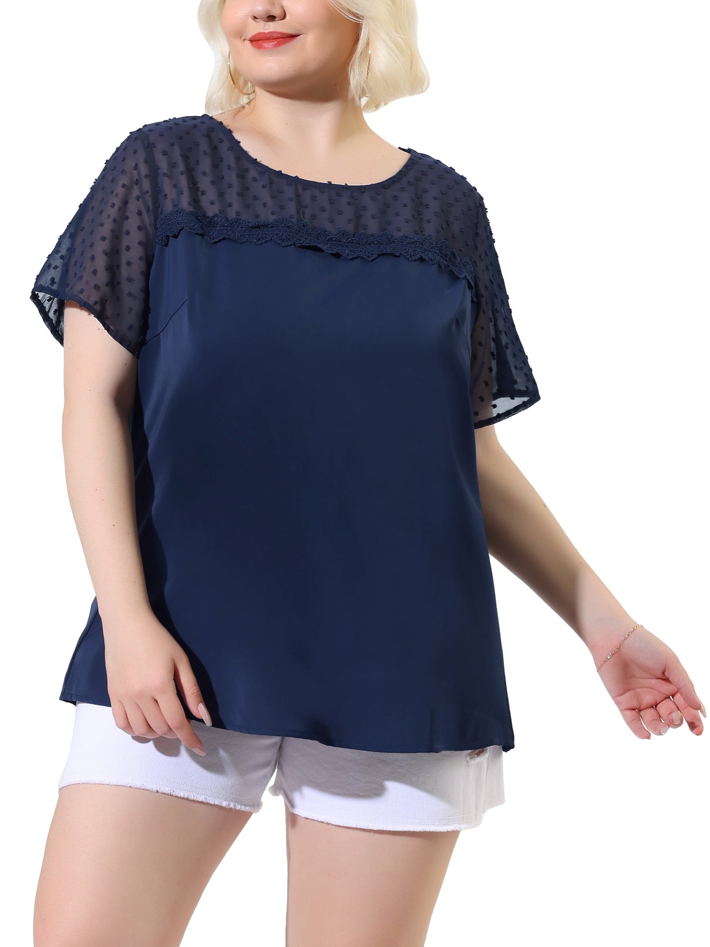 Women's Plus Size Round Neck Short Sleeves Polka Dots Lace Panel Summer Blouse