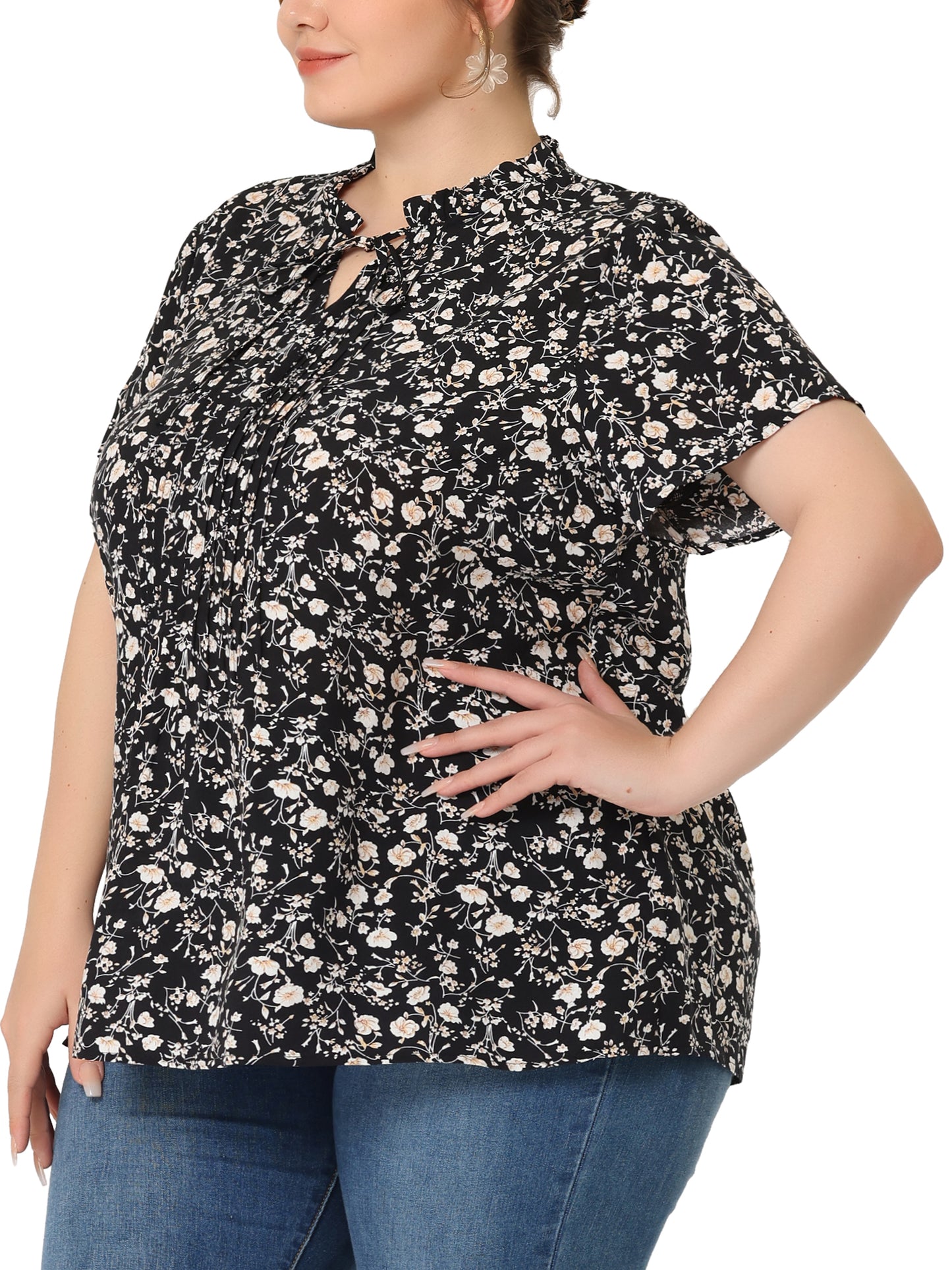 Women Plus Size Tie Neck Short Sleeve Pleated Floral Summer Blouse