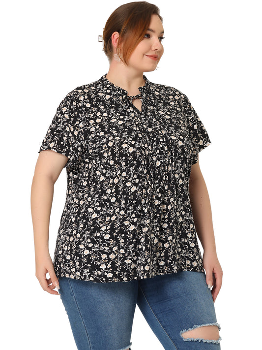 Women Plus Size Tie Neck Short Sleeve Pleated Floral Summer Blouse