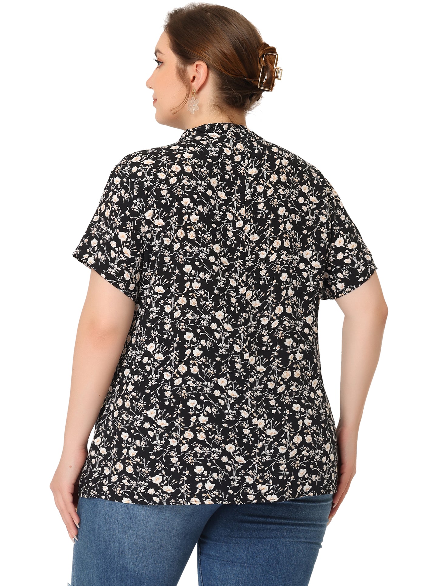 Women Plus Size Tie Neck Short Sleeve Pleated Floral Summer Blouse