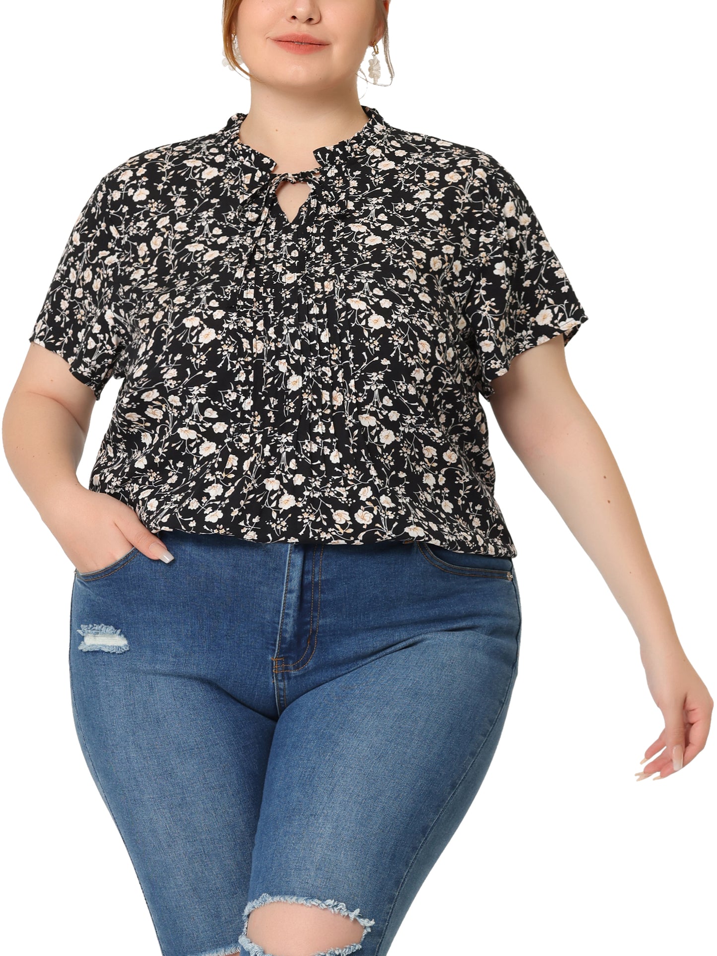 Women Plus Size Tie Neck Short Sleeve Pleated Floral Summer Blouse