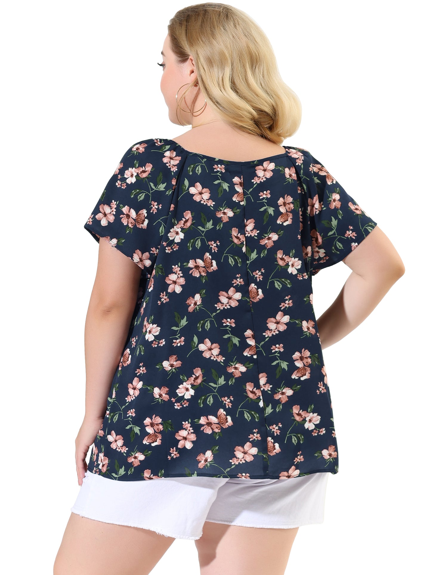 Women Plus Size Blouse Short Sleeve Tie Neck Floral Print Casual Top