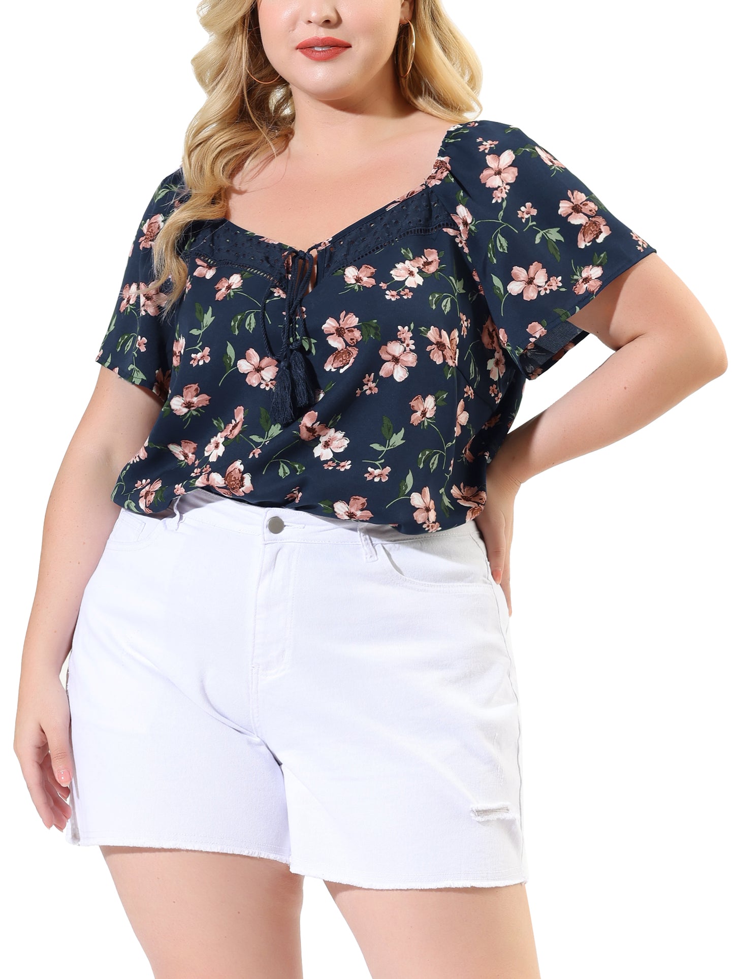Women Plus Size Blouse Short Sleeve Tie Neck Floral Print Casual Top