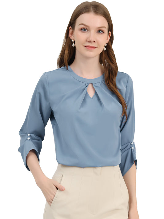 Women's Dressy Work Office Keyhole Pleated Front Ruched 3/4 Sleeve Chiffon Shirt