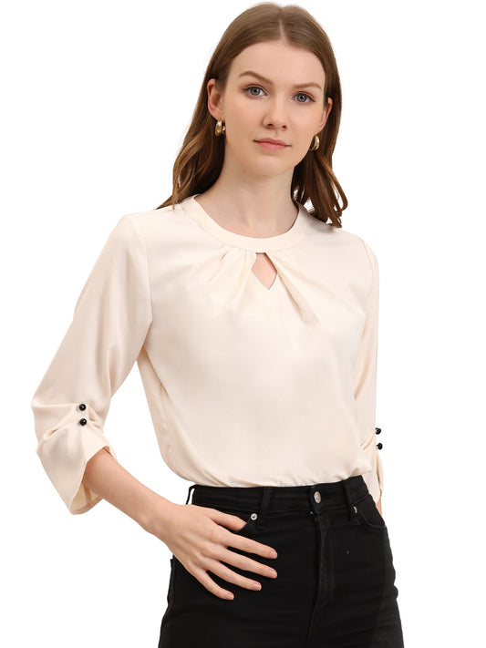 Women's Dressy Work Office Keyhole Pleated Front Ruched 3/4 Sleeve Chiffon Shirt