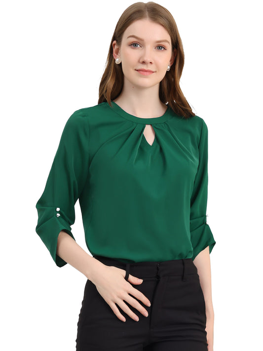 Women's Dressy Work Office Keyhole Pleated Front Ruched 3/4 Sleeve Chiffon Shirt