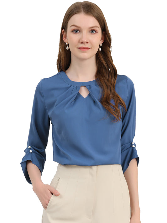 Women's Dressy Work Office Keyhole Pleated Front Ruched 3/4 Sleeve Chiffon Shirt