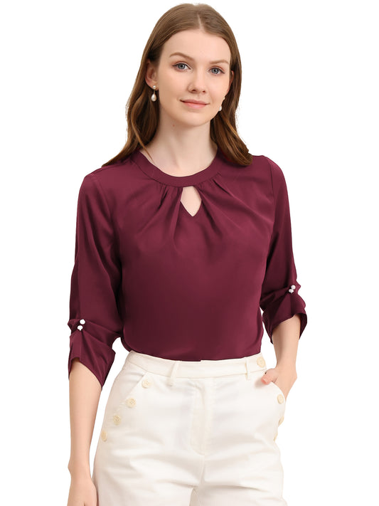 Women's Dressy Work Office Keyhole Pleated Front Ruched 3/4 Sleeve Chiffon Shirt