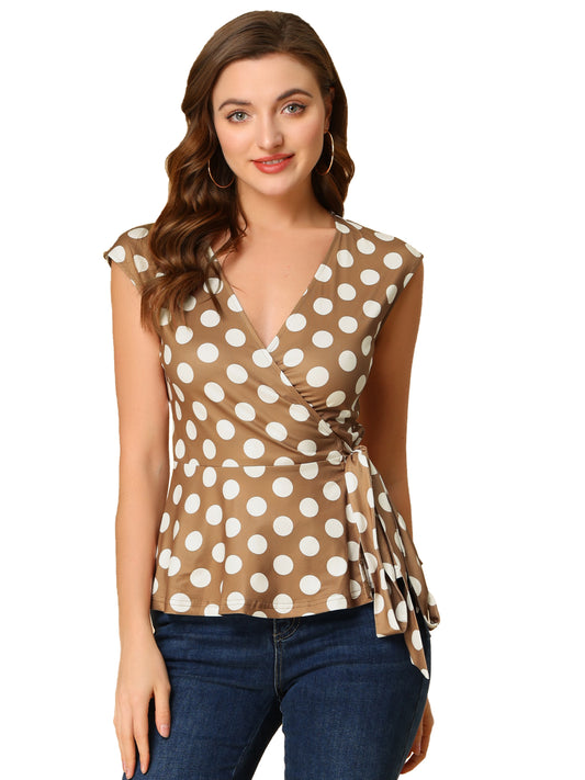 Women's Sleeveless Blouse Elegant Deep V Neck Self Tie Front Polka Dots Wrap Top