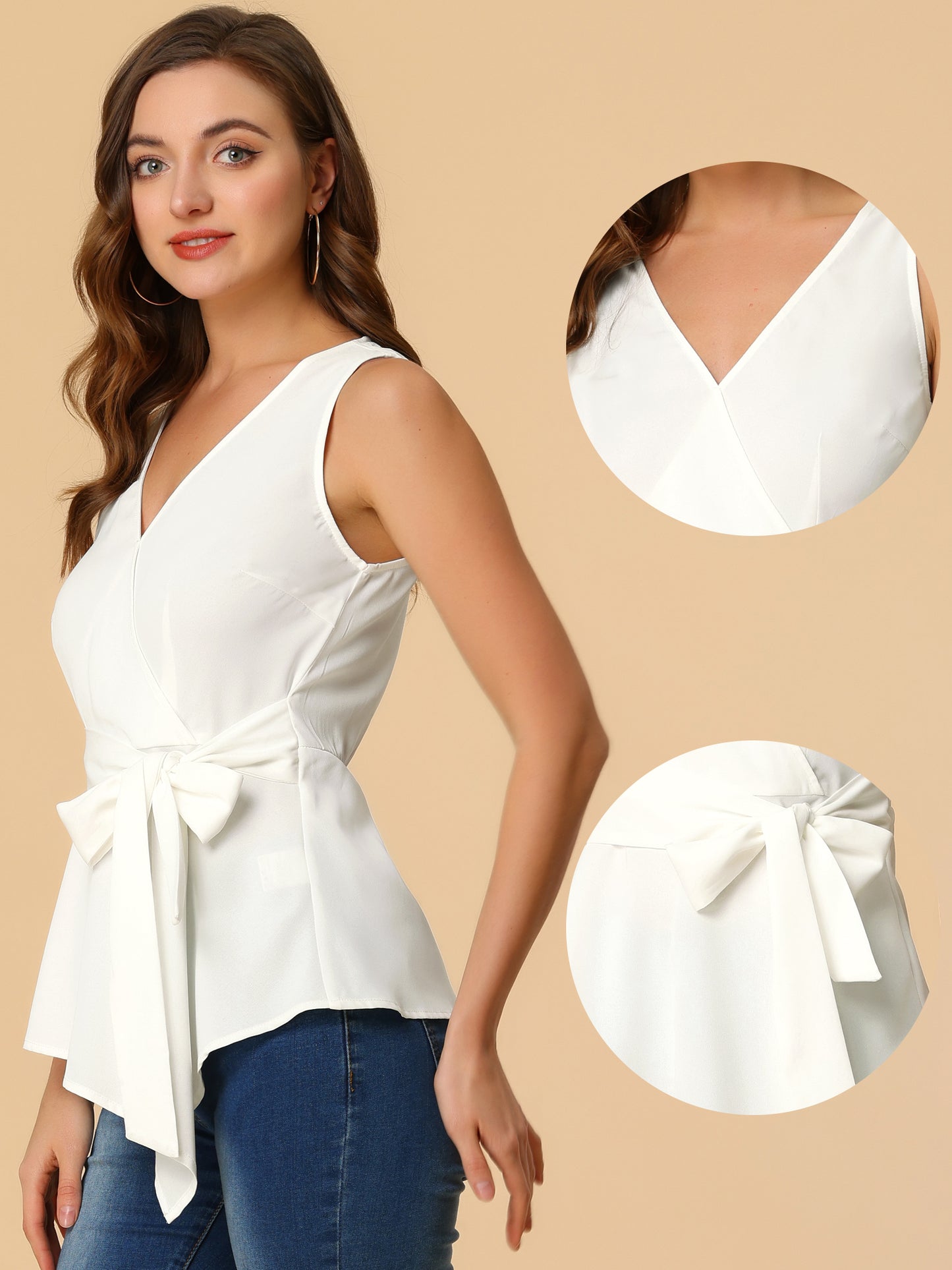Women's Sleeveless V Neckline Wrap Elegant Tie Waist Top