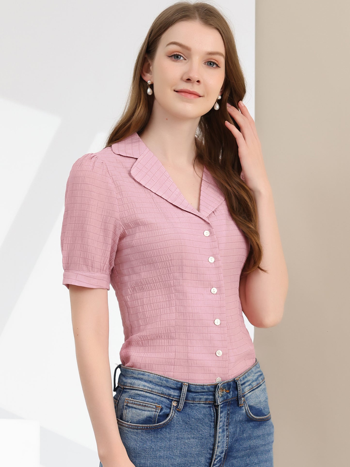 Women's Peasant Shirt Collared Button Down Textured Puff Sleeve Blouse