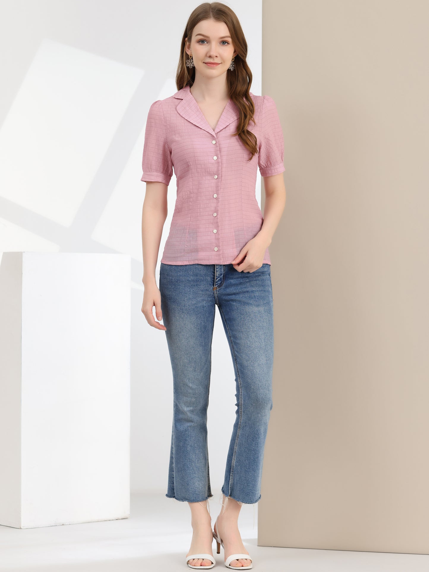 Women's Peasant Shirt Collared Button Down Textured Puff Sleeve Blouse