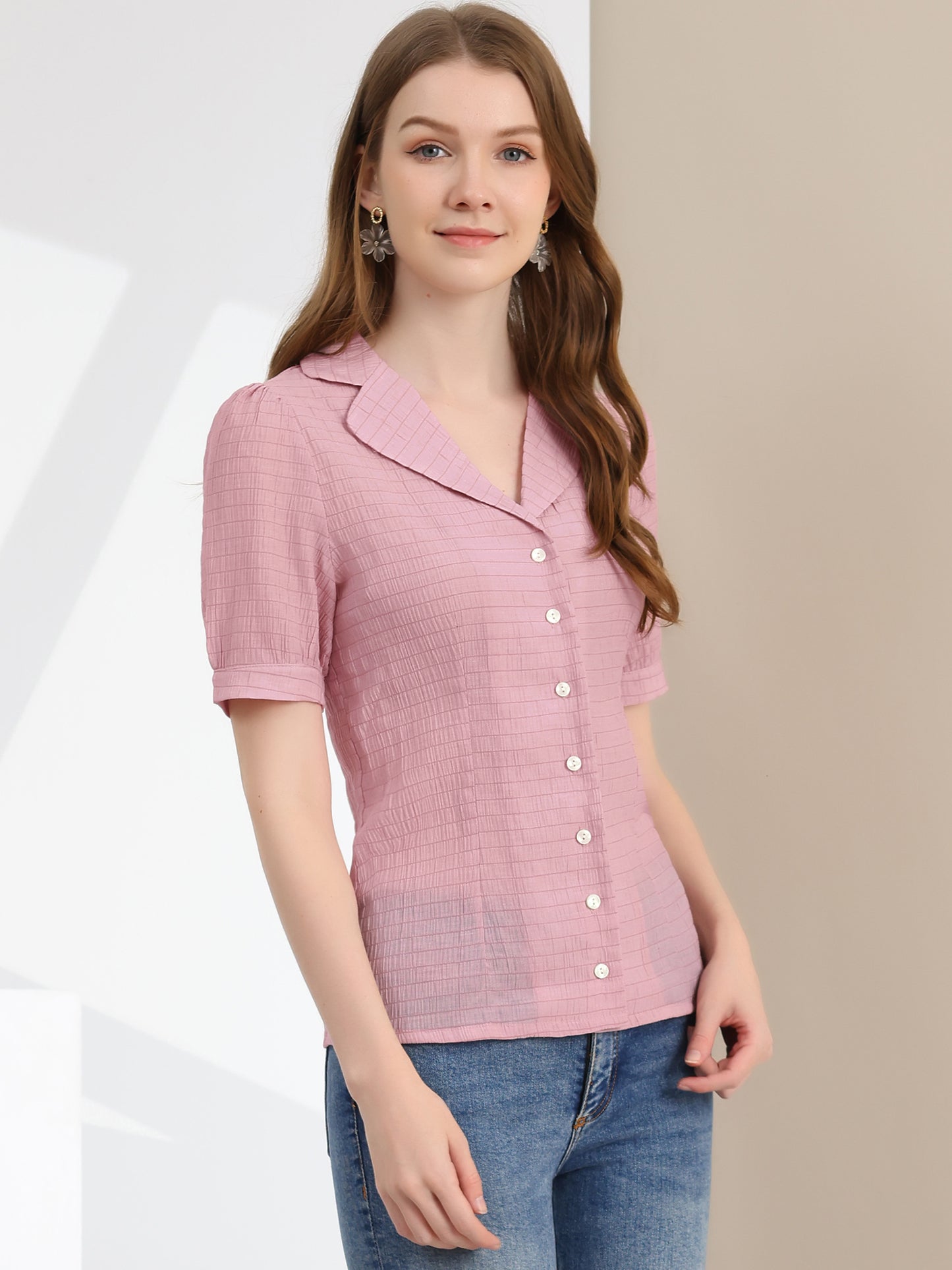 Women's Peasant Shirt Collared Button Down Textured Puff Sleeve Blouse