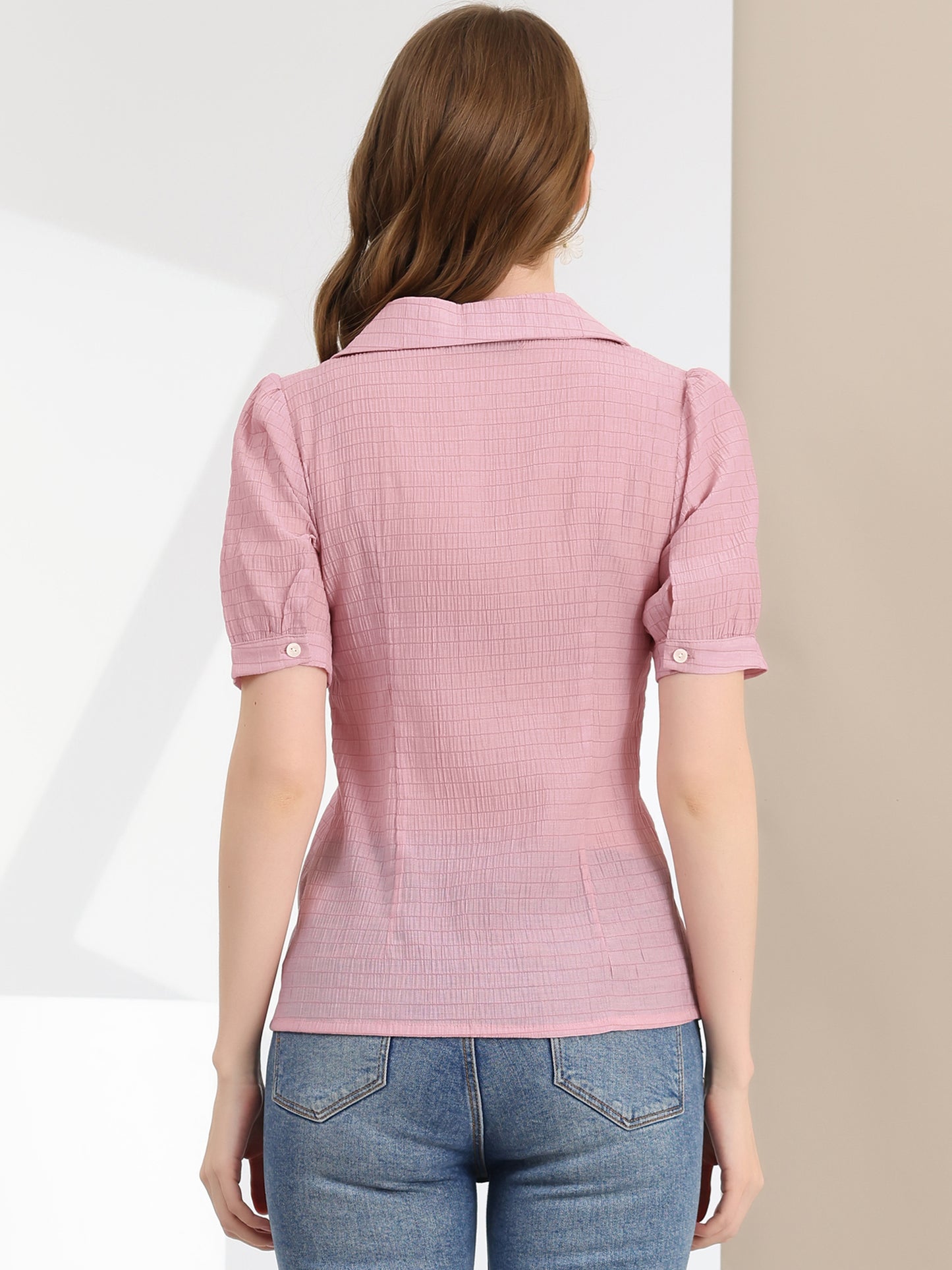 Women's Peasant Shirt Collared Button Down Textured Puff Sleeve Blouse