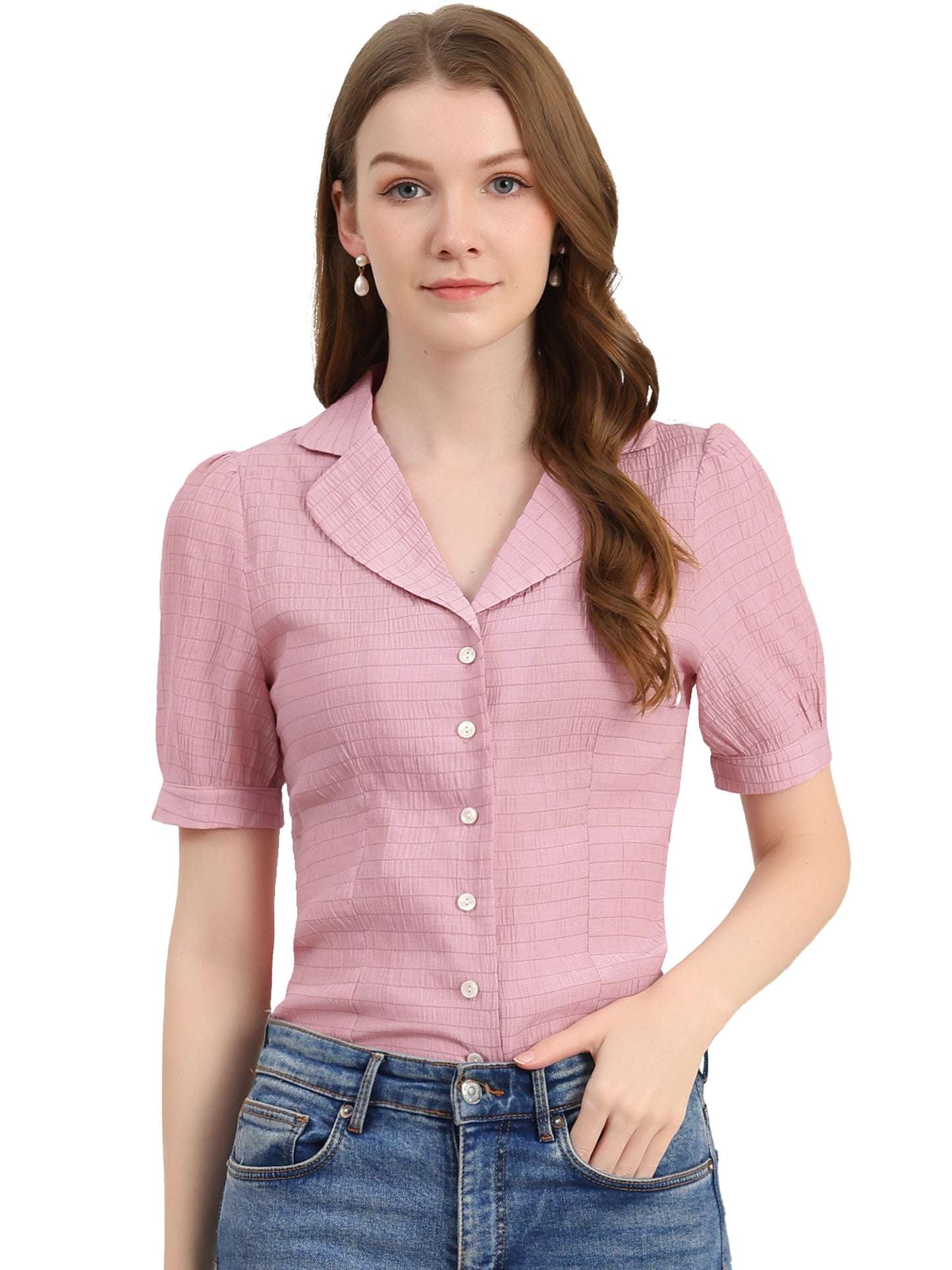Women's Peasant Shirt Collared Button Down Textured Puff Sleeve Blouse