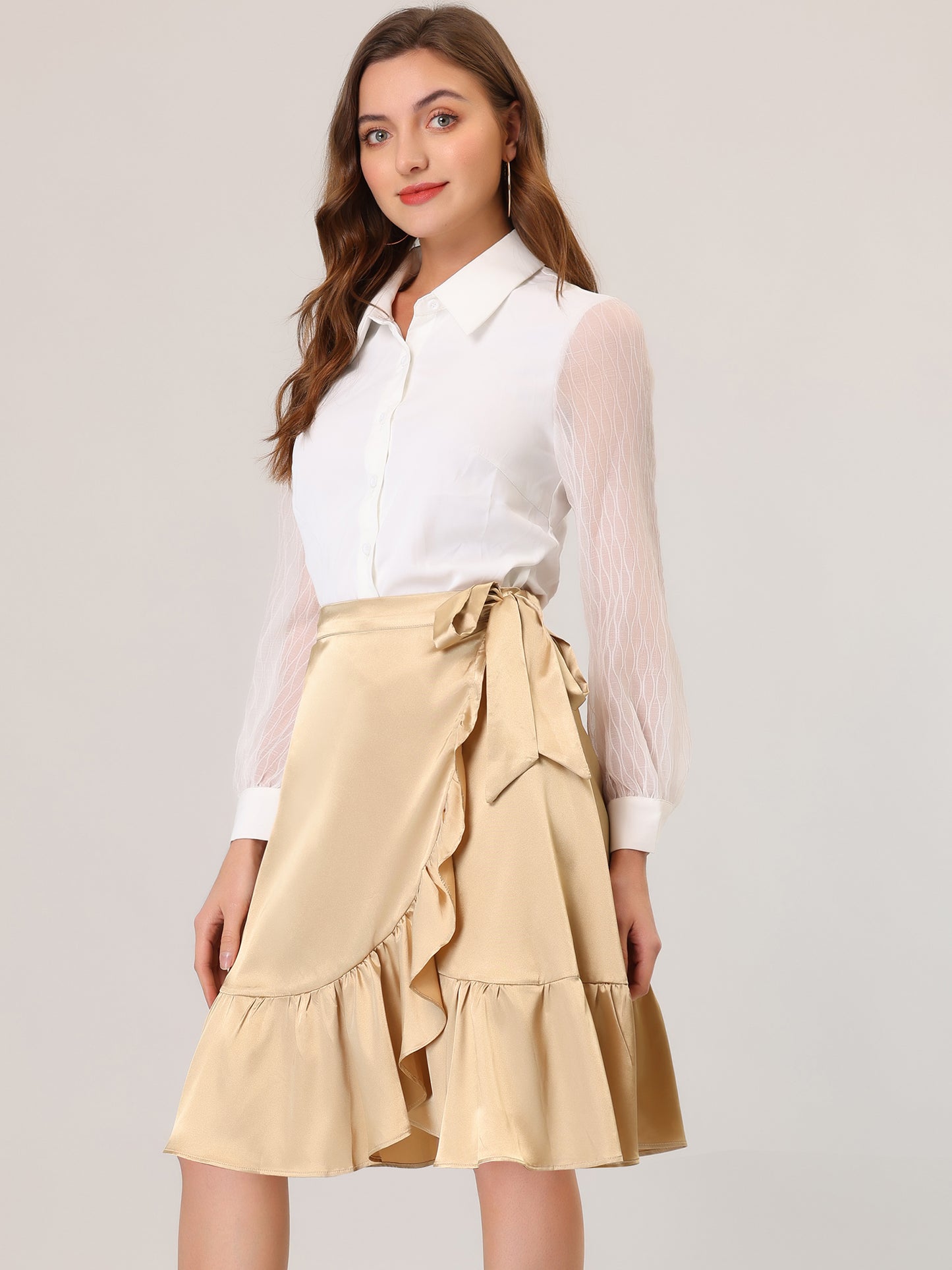 Women's Ruffle Satin High Waist Tie Wrap Asymmetrical Midi Skirt
