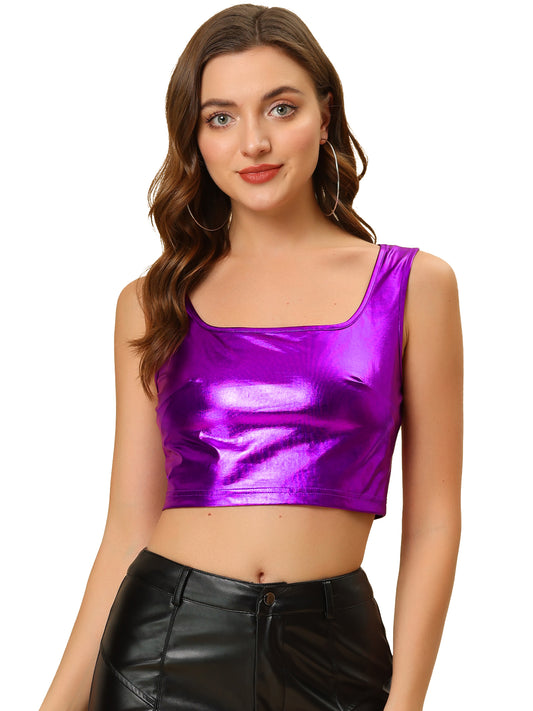 Women's U Neck Sleeveless Party Clubwear Holographic Shiny Metallic Cami Crop Top