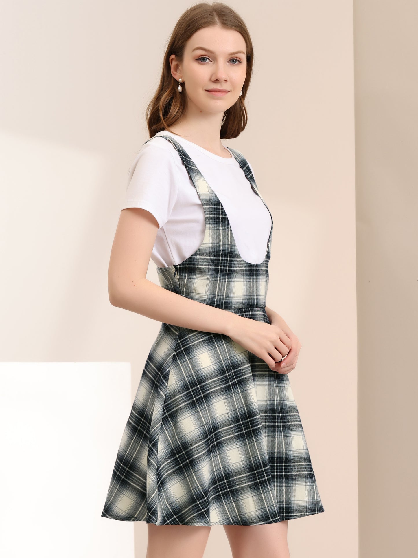 Vestido largo a cuadros para mujer, cuello en U, sin mangas, falda con tirantes y delantal navideño