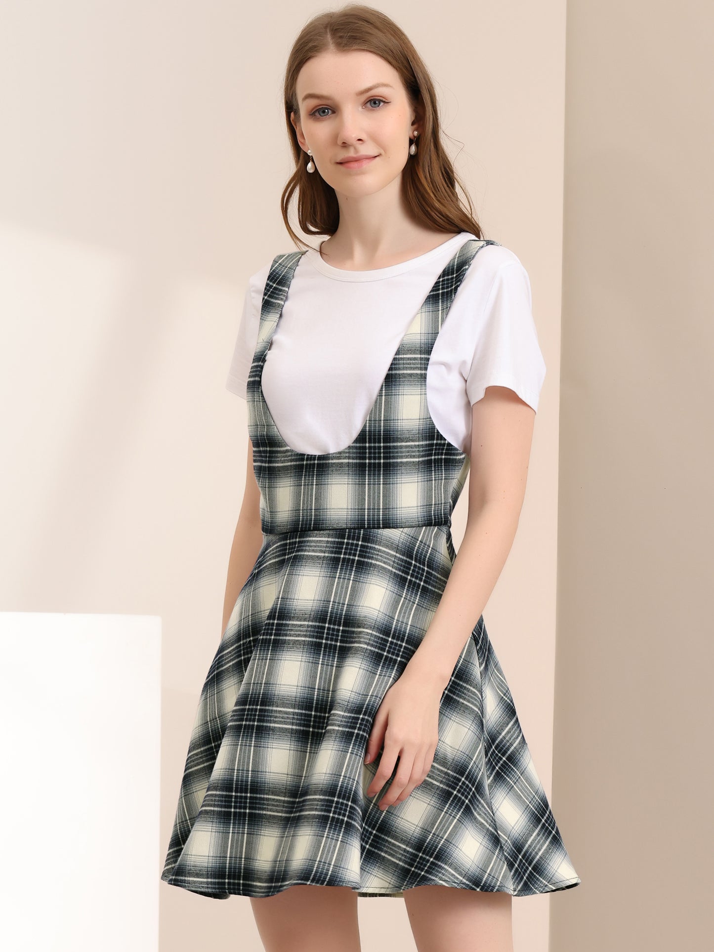 Vestido largo a cuadros para mujer, cuello en U, sin mangas, falda con tirantes y delantal navideño