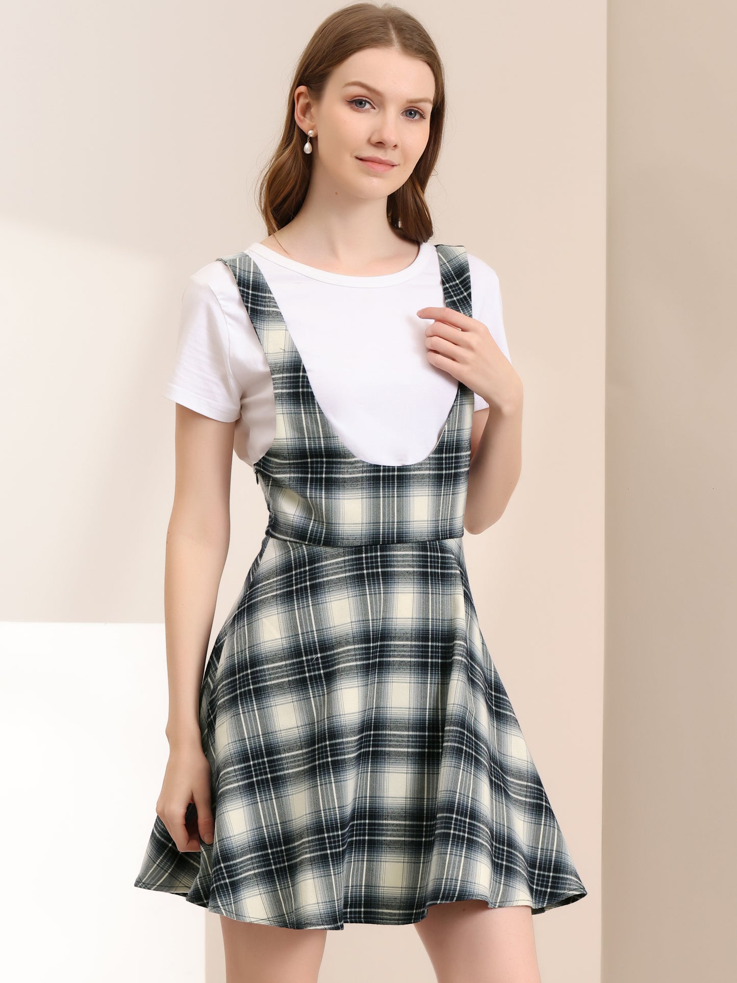Vestido largo a cuadros para mujer, cuello en U, sin mangas, falda con tirantes y delantal navideño