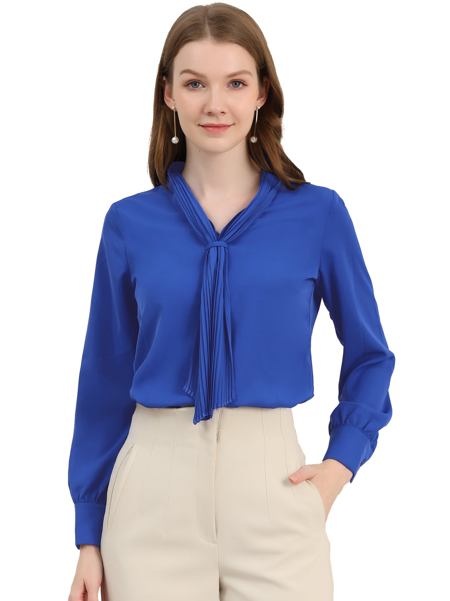 Women's Dressy Long Sleeve Chiffon Pleated Tie Neck Office Shirt (Available in Plus Size)