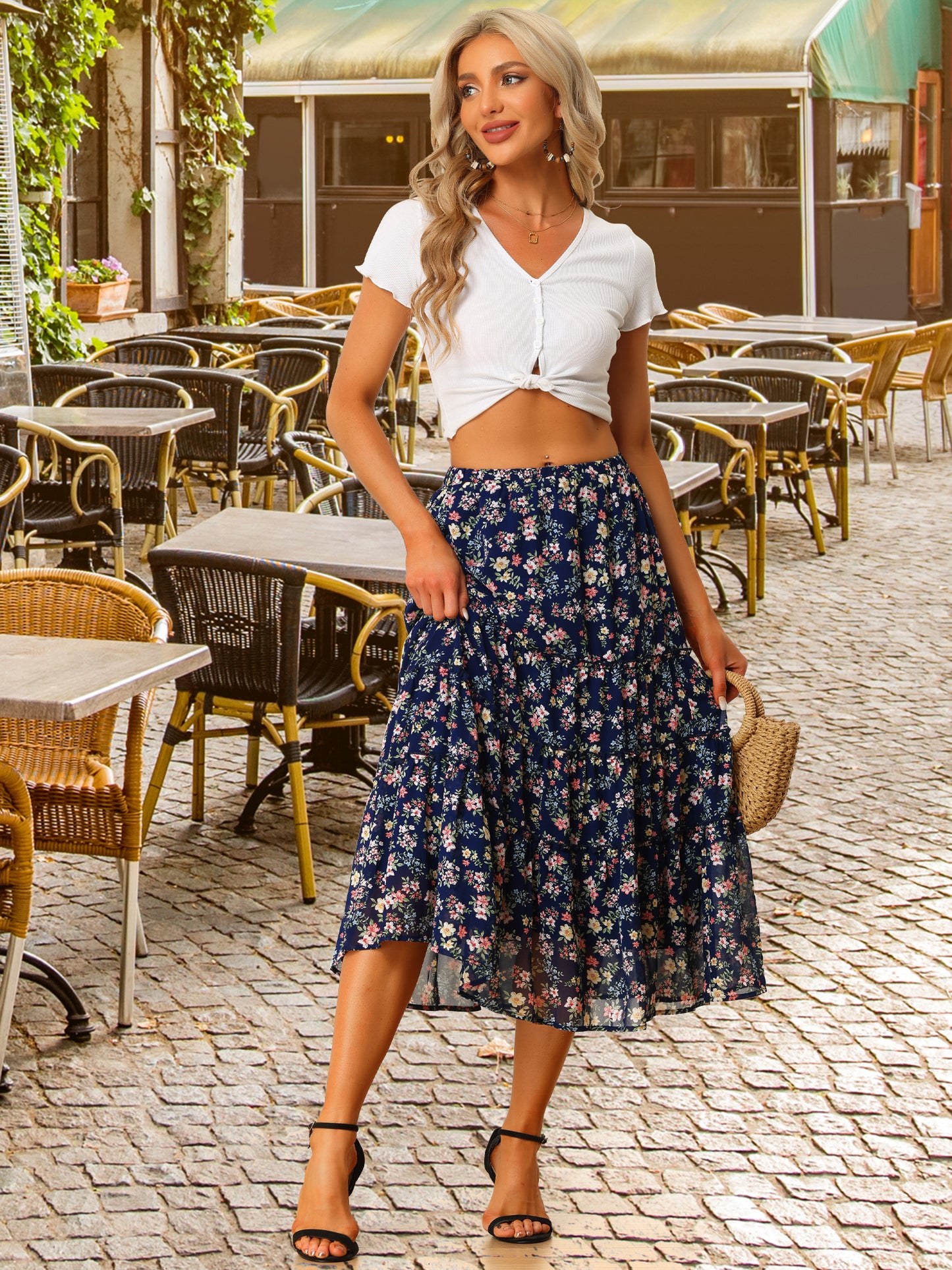 Women's Floral Chiffon A-Line Tiered Ruffle Midi Skirt (Available in Plus Size)