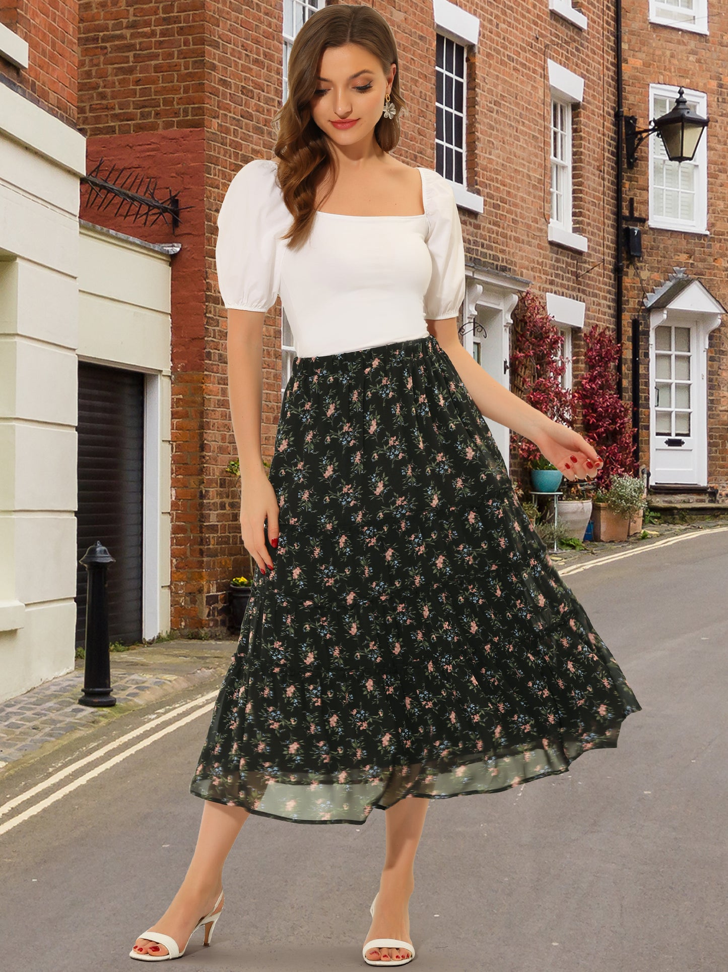Women's Floral Chiffon A-Line Tiered Ruffle Midi Skirt (Available in Plus Size)