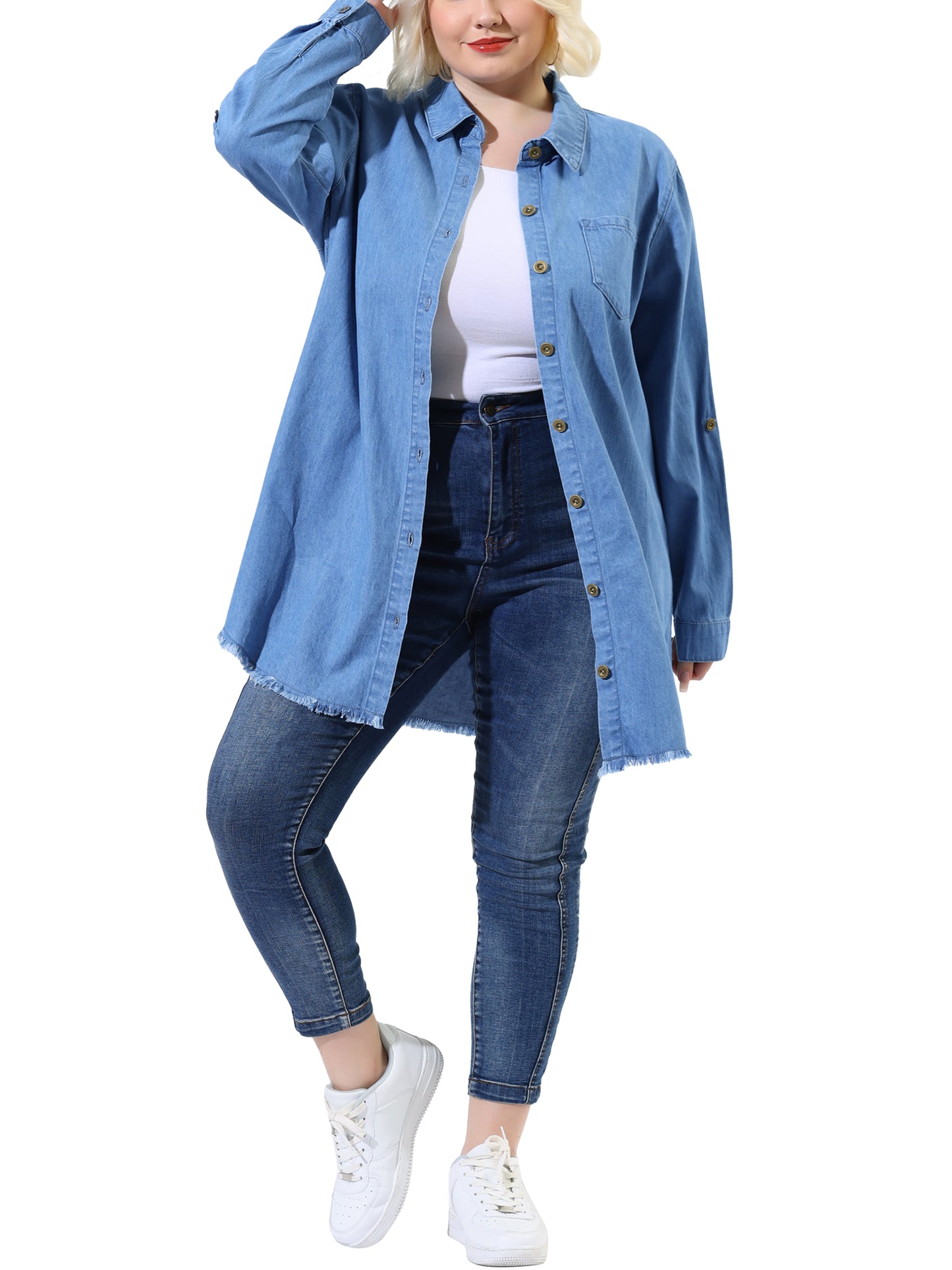 [PACK SALES] Women's Plus Size 2 Pieces Denim Chambray Jackets Shirts Lapel Long Sleeve Casual Button Down Tops Wiht Chest Pocket