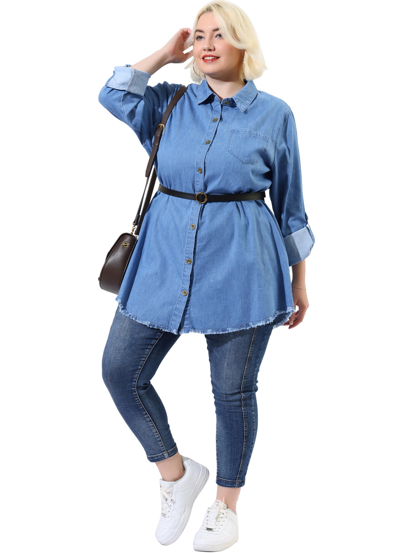 [PACK SALES] Women's Plus Size 2 Pieces Denim Chambray Jackets Shirts Lapel Long Sleeve Casual Button Down Tops Wiht Chest Pocket