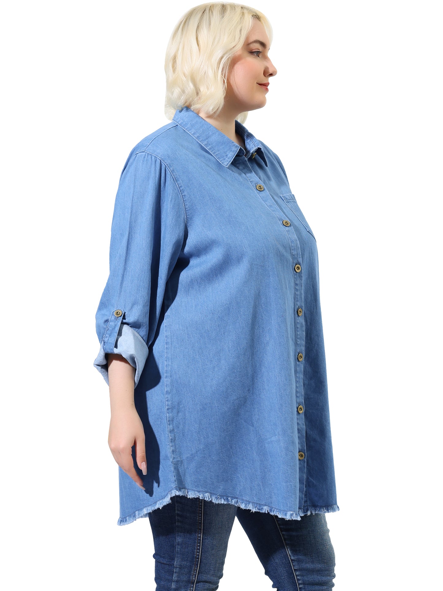 [PACK SALES] Women's Plus Size 2 Pieces Denim Chambray Jackets Shirts Lapel Long Sleeve Casual Button Down Tops Wiht Chest Pocket