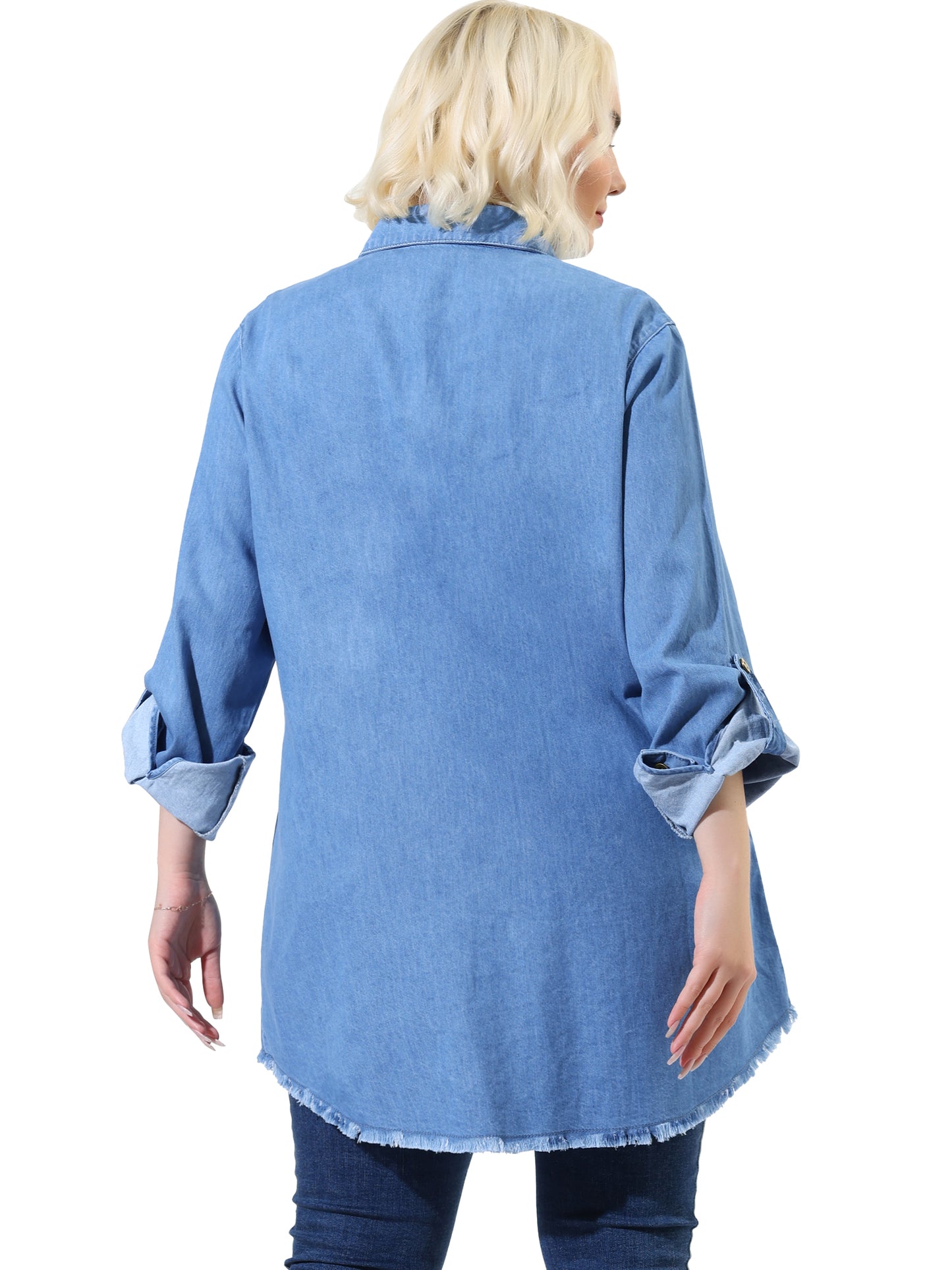 [PACK SALES] Women's Plus Size 2 Pieces Denim Chambray Jackets Shirts Lapel Long Sleeve Casual Button Down Tops Wiht Chest Pocket