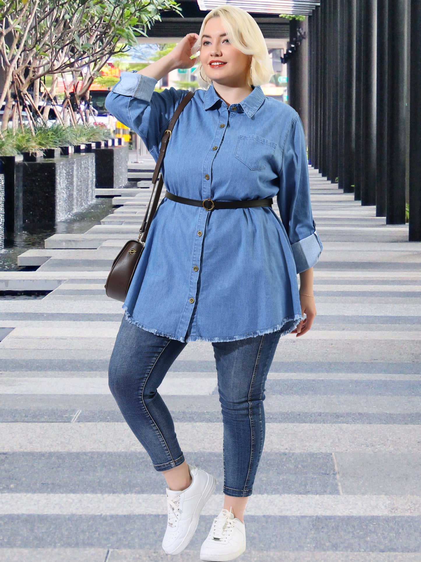 [PACK SALES] Women's Plus Size 2 Pieces Denim Chambray Jackets Shirts Lapel Long Sleeve Casual Button Down Tops Wiht Chest Pocket