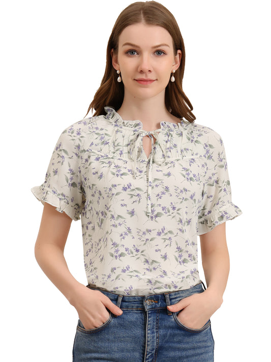 Women's Floral Tie Neck Ruffle Short Sleeves Peasant Blouse