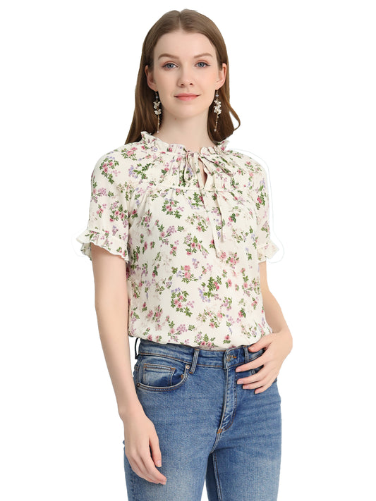 Women's Floral Tie Neck Ruffle Short Sleeves Peasant Blouse