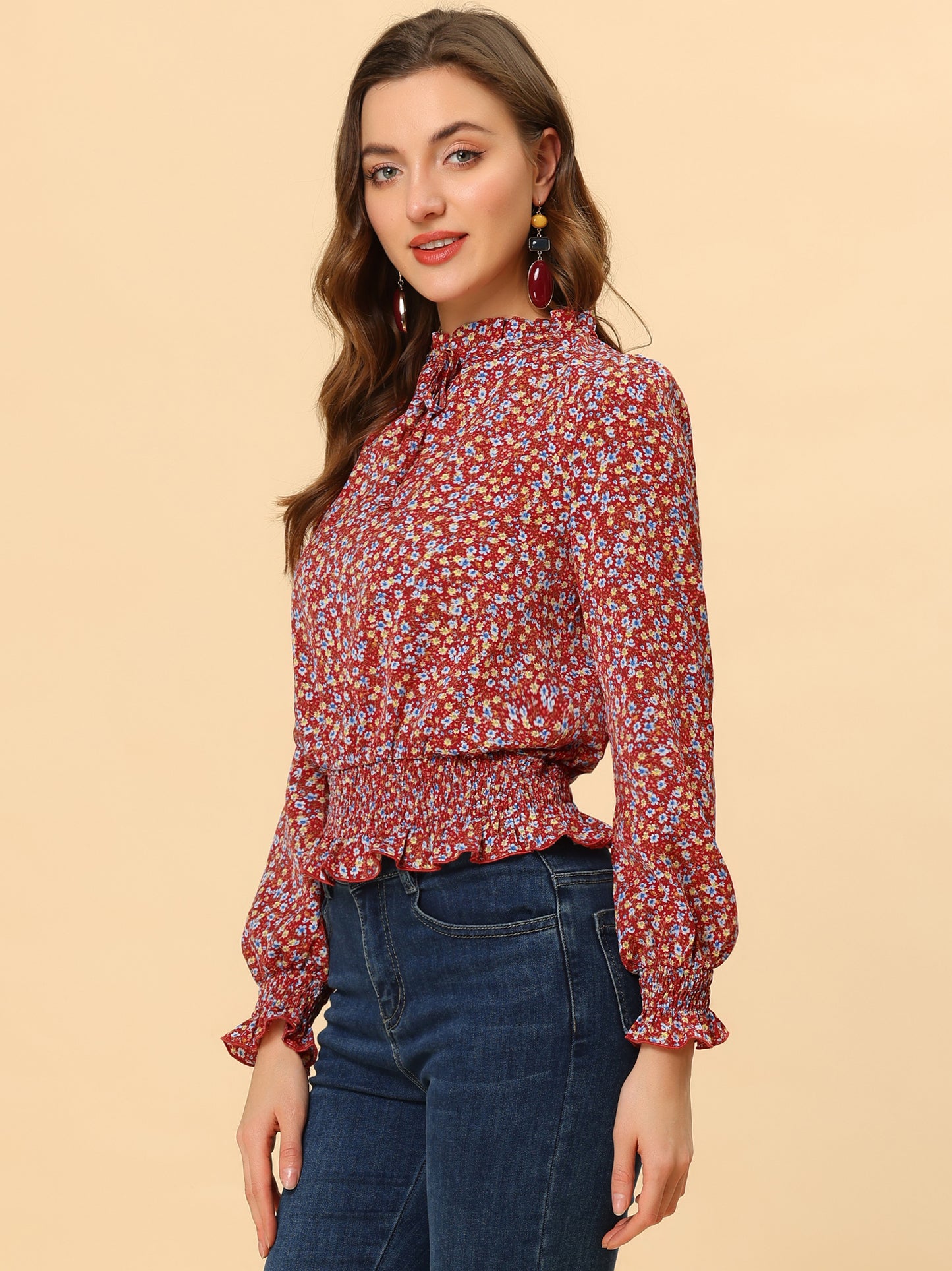 Women's Ruffle Neck Long Sleeve Cropped Smocked Floral Blouse