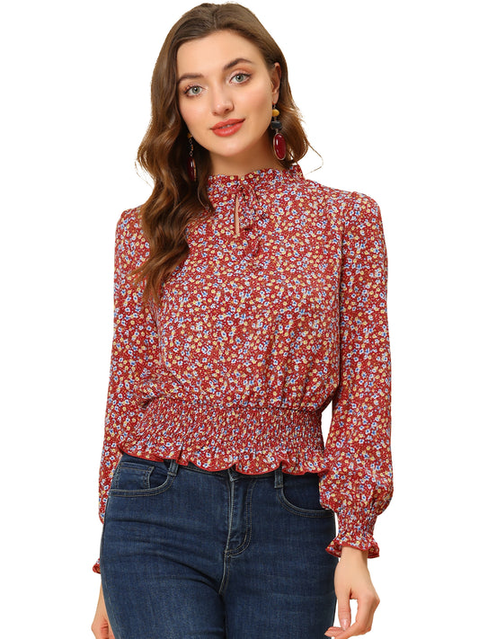 Women's Ruffle Neck Long Sleeve Cropped Smocked Floral Blouse