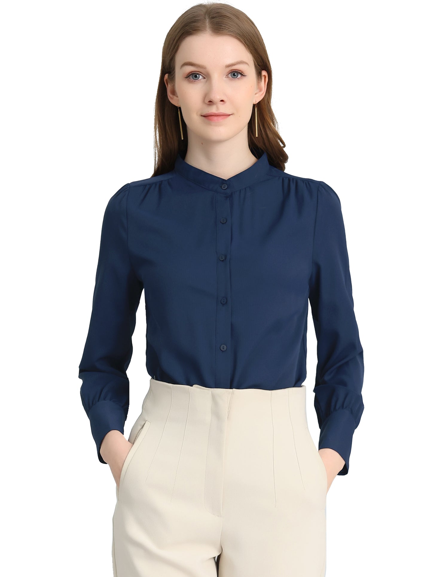 Women's Button Down Long Sleeve Mandarin Collar Work Shirt (Available in Plus Size)